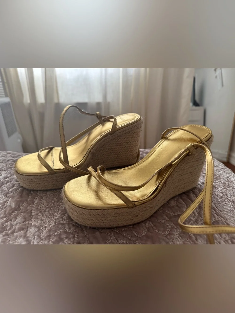 Mango Gold Metallic Espadrille Platform Sandals